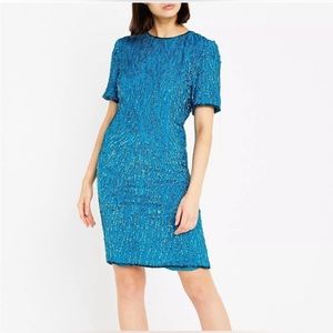 NWT 1980s Laurence Kazar Shimmering Turquoise Sequin Cocktail Dress
